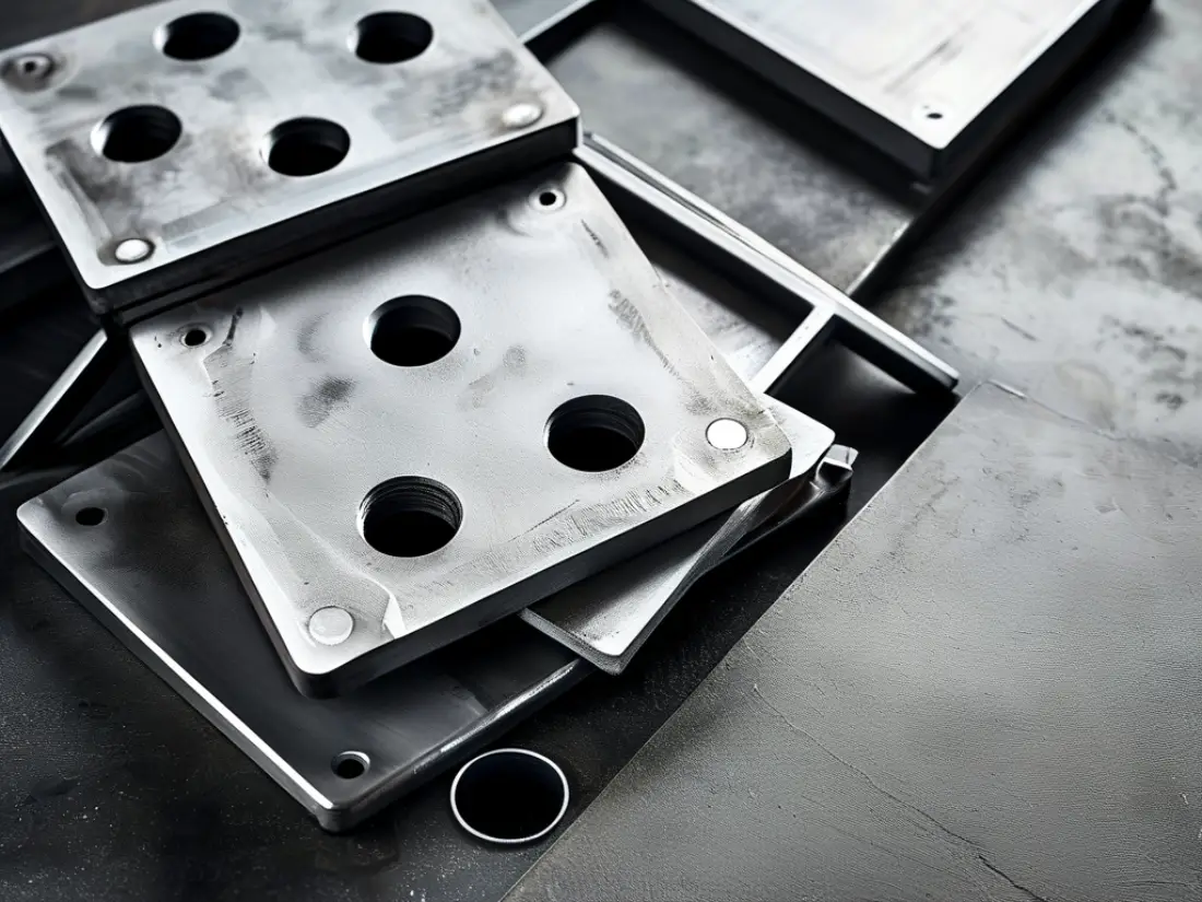 Custom steel embed plates for concrete construction Stack of custom laser-cut steel embed plates with drilled holes for concrete construction