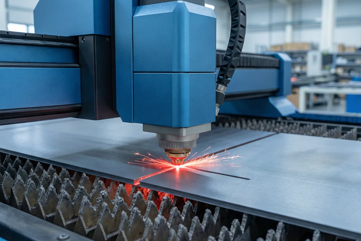 Fiber laser cutting machine cutting 10mm carbon steel plate with sparks at the kerf