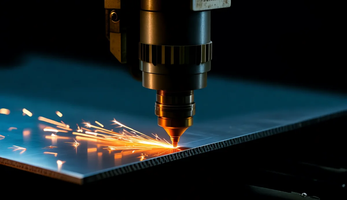 Fiber laser cutting head working on thick carbon steel plate with sparks