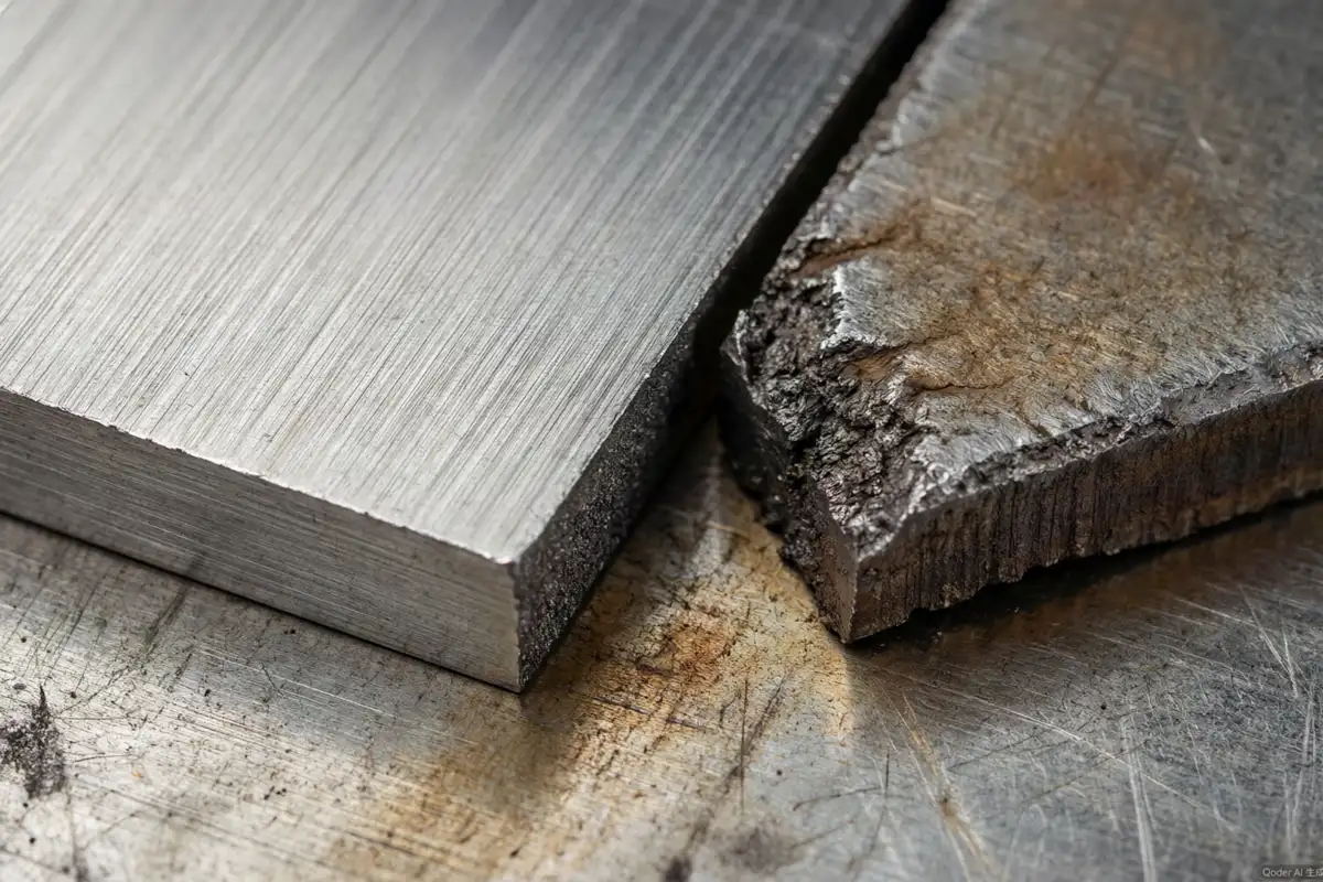 Side by side comparison of fiber laser cut edge and plasma cut edge on 12mm steel plate