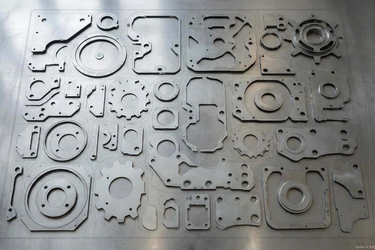 Optimized nesting layout of flat metal parts on a steel sheet minimizing waste
