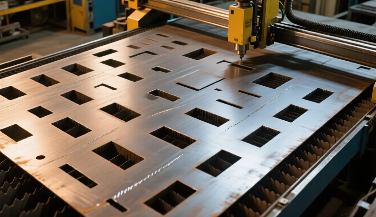 Laser cut steel plate blanks of different sizes nested on one sheet