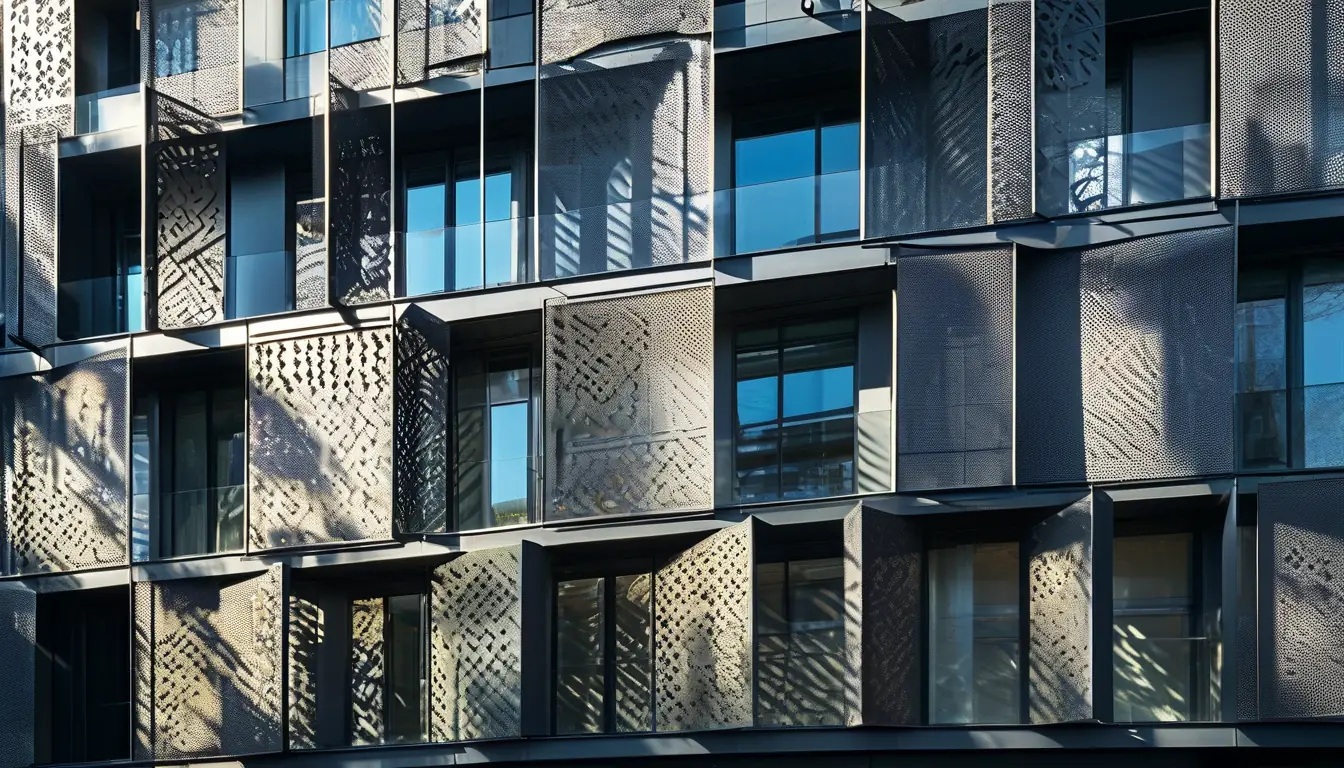 Laser cut metal screen panels installed as a building facade with standoff mounting