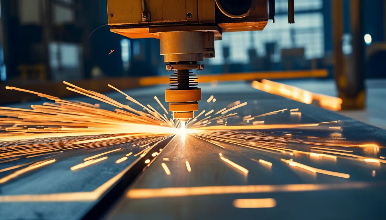 High power fiber laser cutting thick carbon steel plate with glowing kerf
