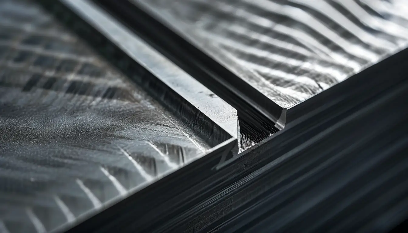 Cross section edge of thick laser cut carbon steel plate showing fine striation lines
