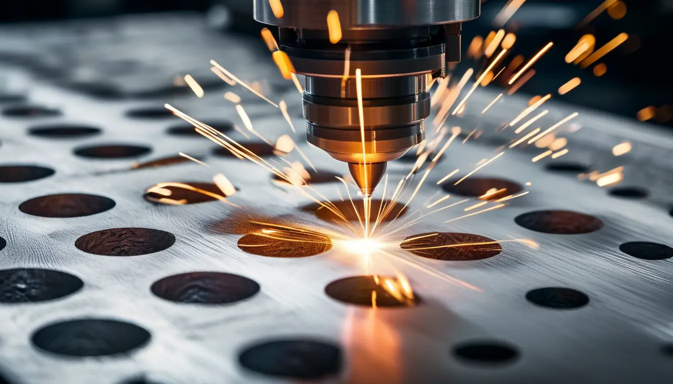 Fiber laser perforating stainless steel sheet with a pattern of round holes