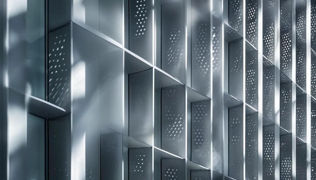 Perforated metal panel facade on a modern building with sunlight through holes