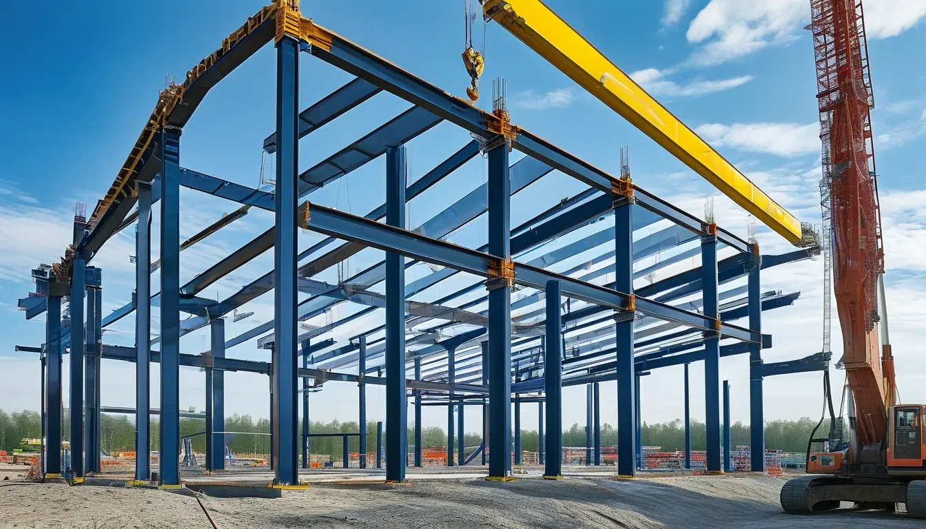 Prefabricated steel structure frame with bolted connection plates on construction site