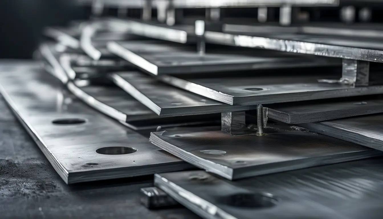 Steel embed plates with welded anchor bars stacked for concrete casting