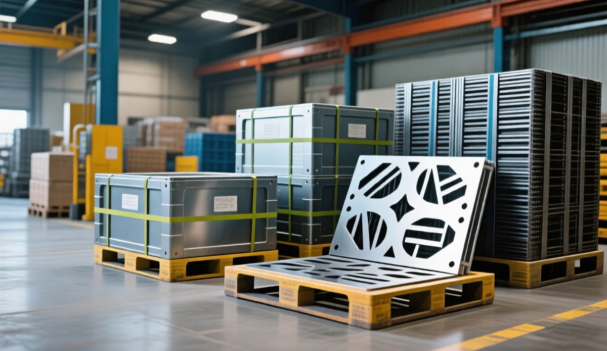 Export crates with laser cut steel parts on pallets ready for shipping