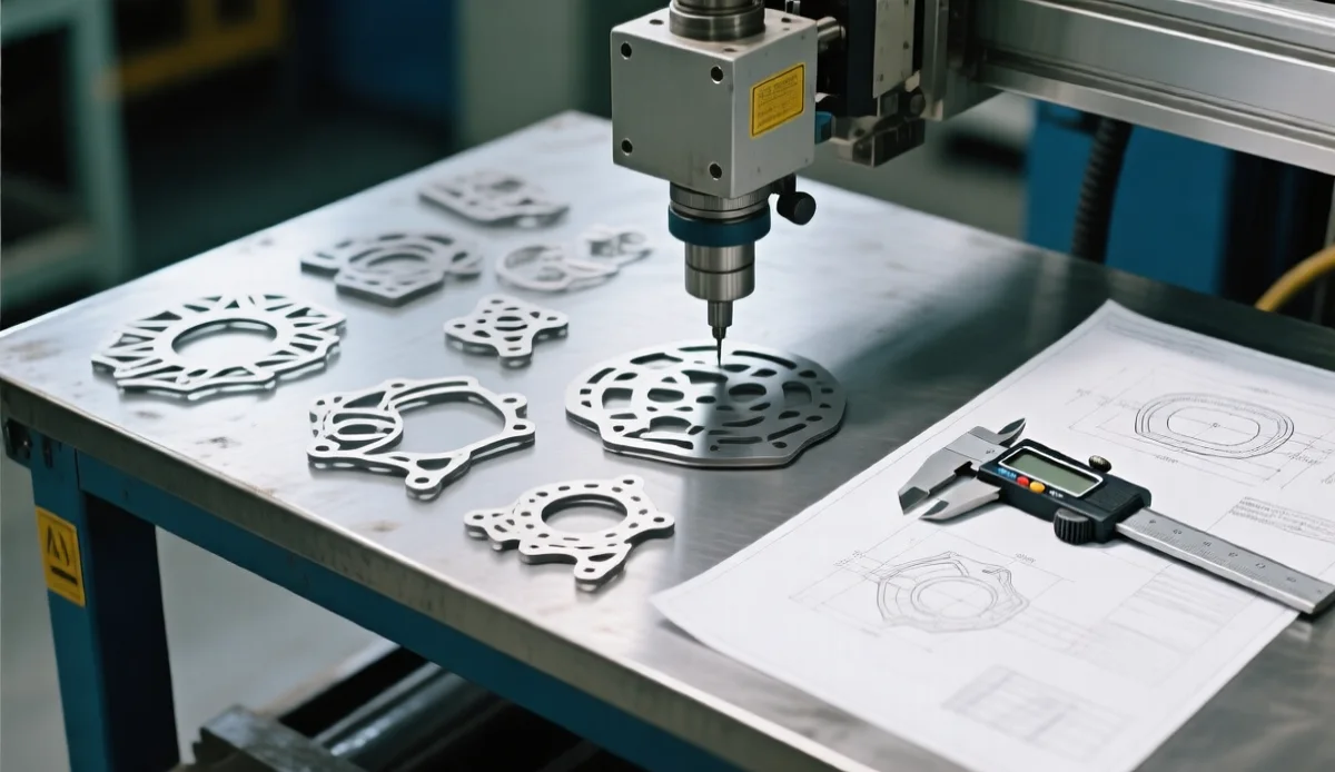 Laser cut metal parts and drawing on an inspection table with measuring tools