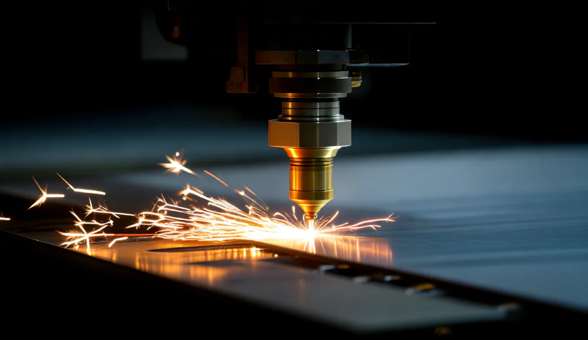Fiber laser cutting head with assist gas nozzle cutting mild steel plate with sparks