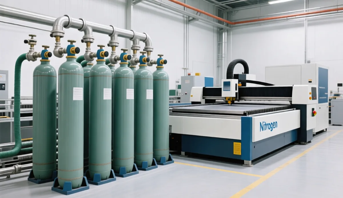 Nitrogen cylinder manifold supplying a fiber laser cutting machine