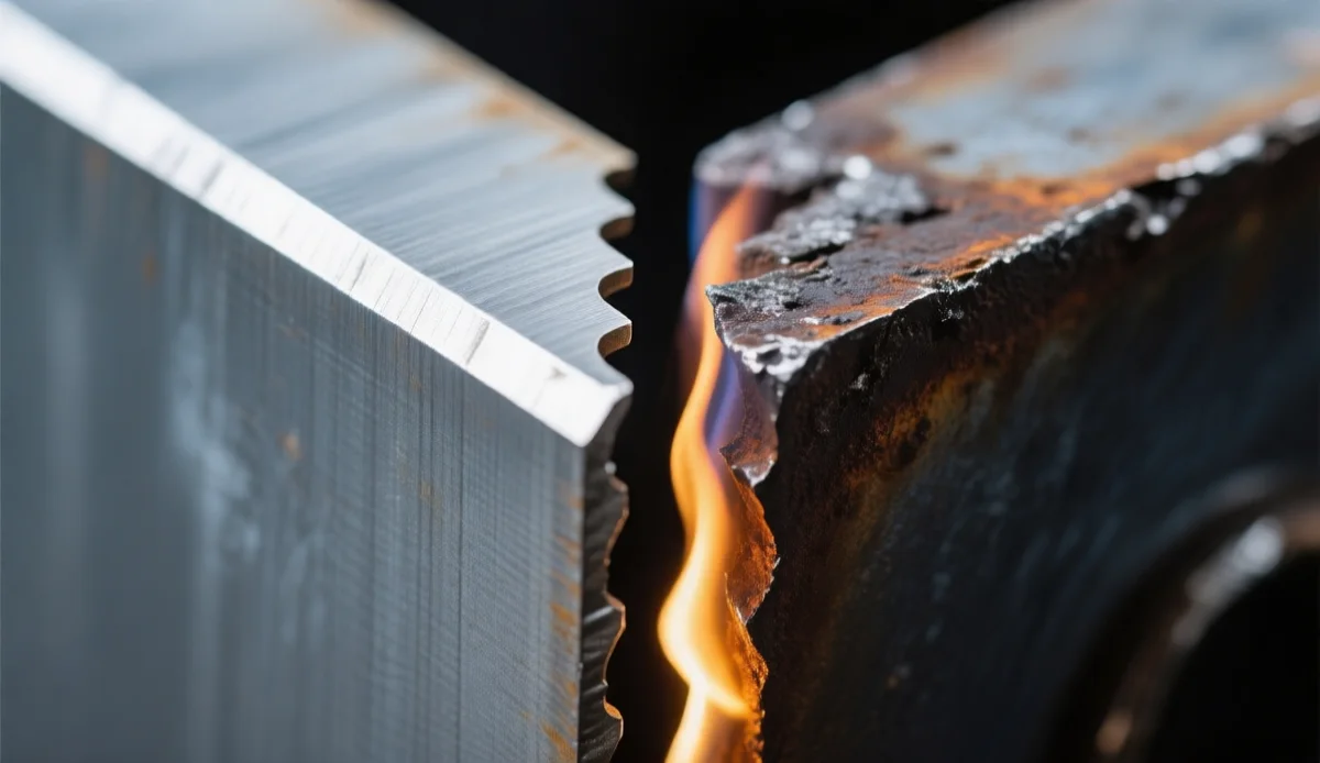 Comparison of laser cut edges: bright nitrogen cut versus dark oxygen cut on steel plate